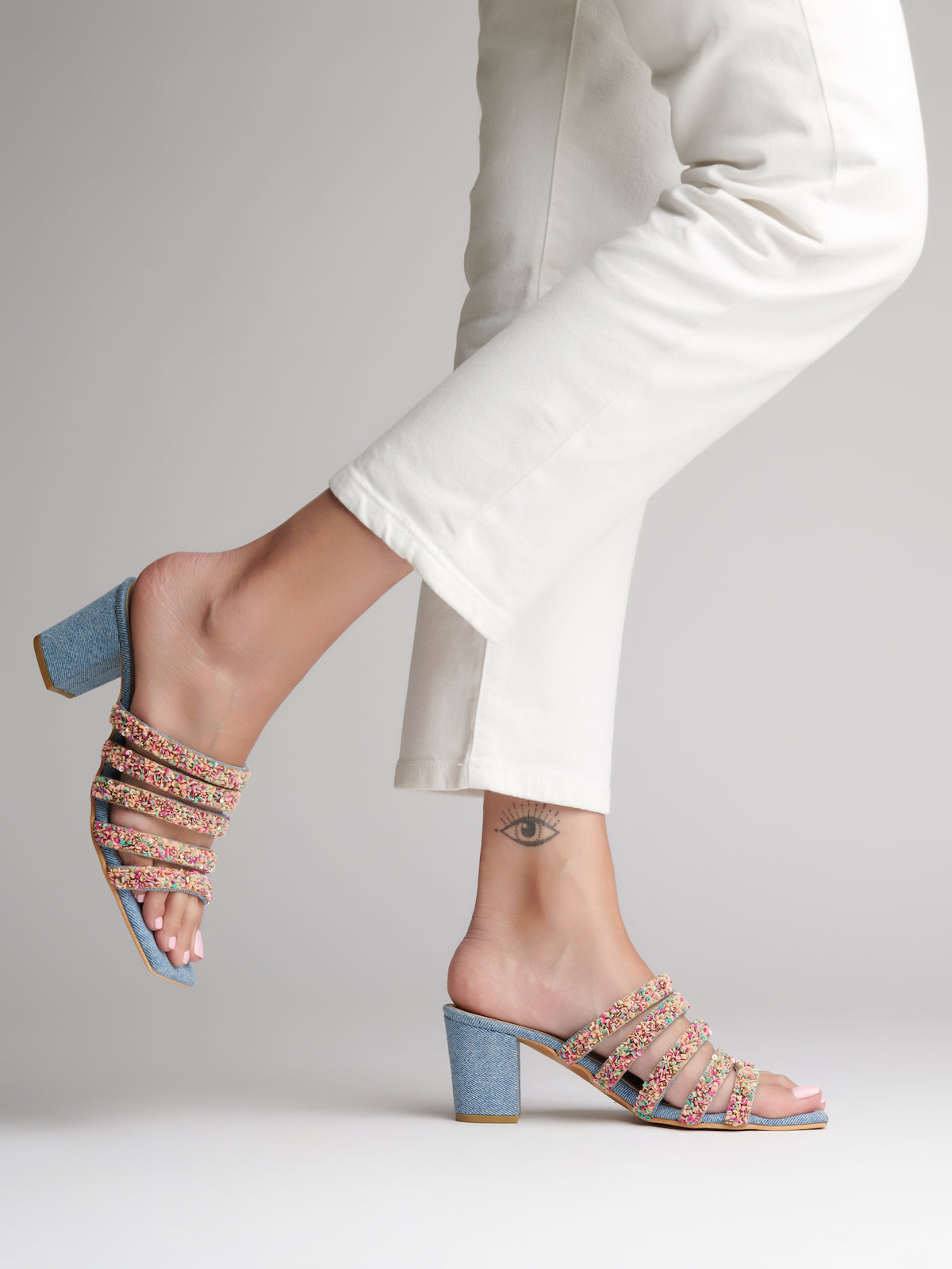 Embroidered Denim Slides