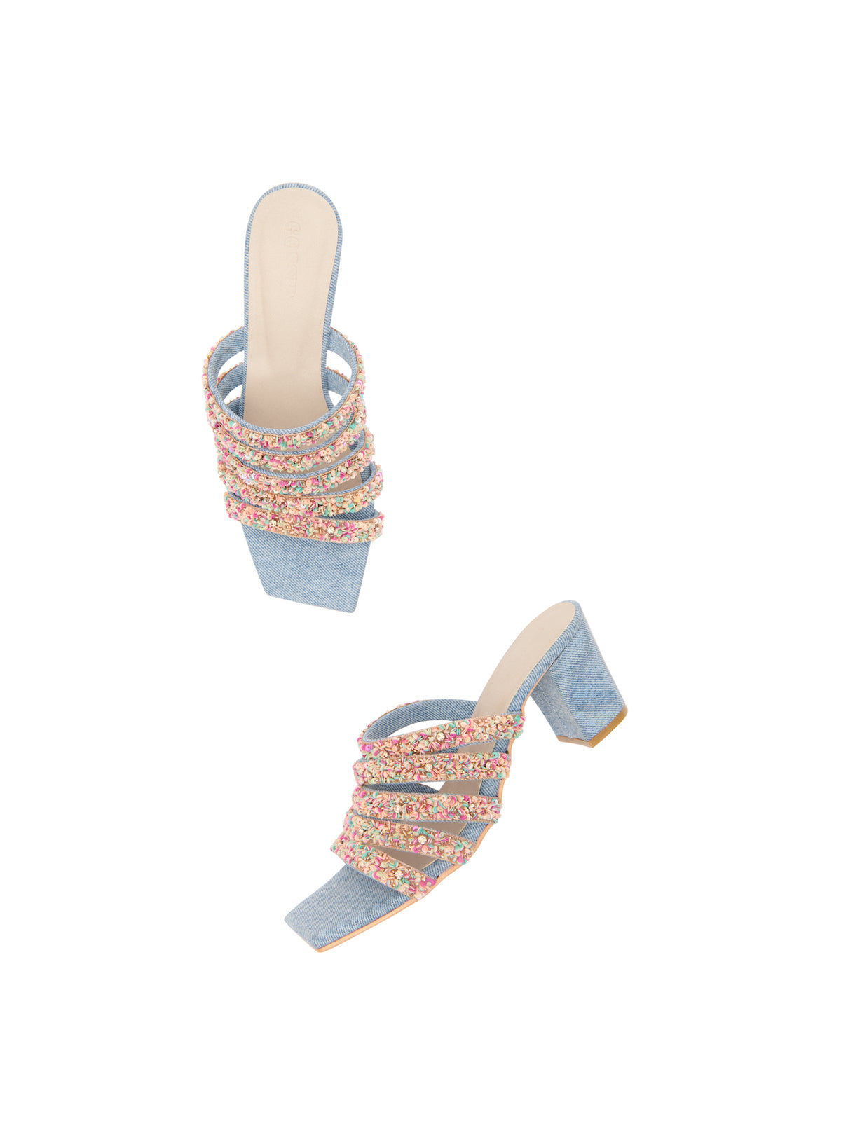 Embroidered Denim Slides